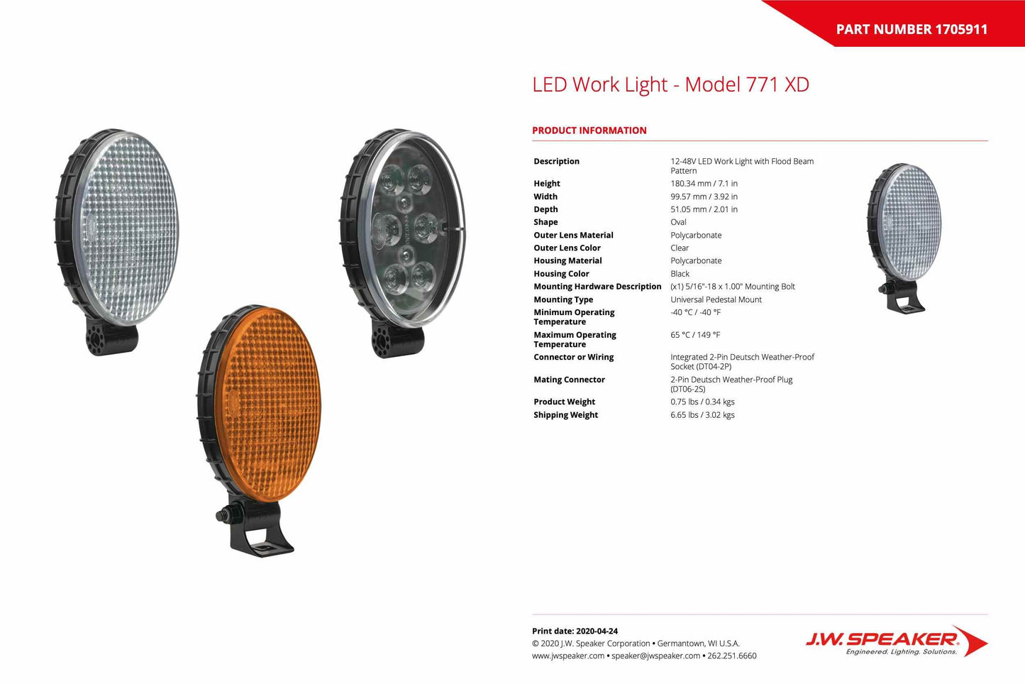 JW Speaker: Lámpara de trabajo LED 771F-12/48V XD con arnés