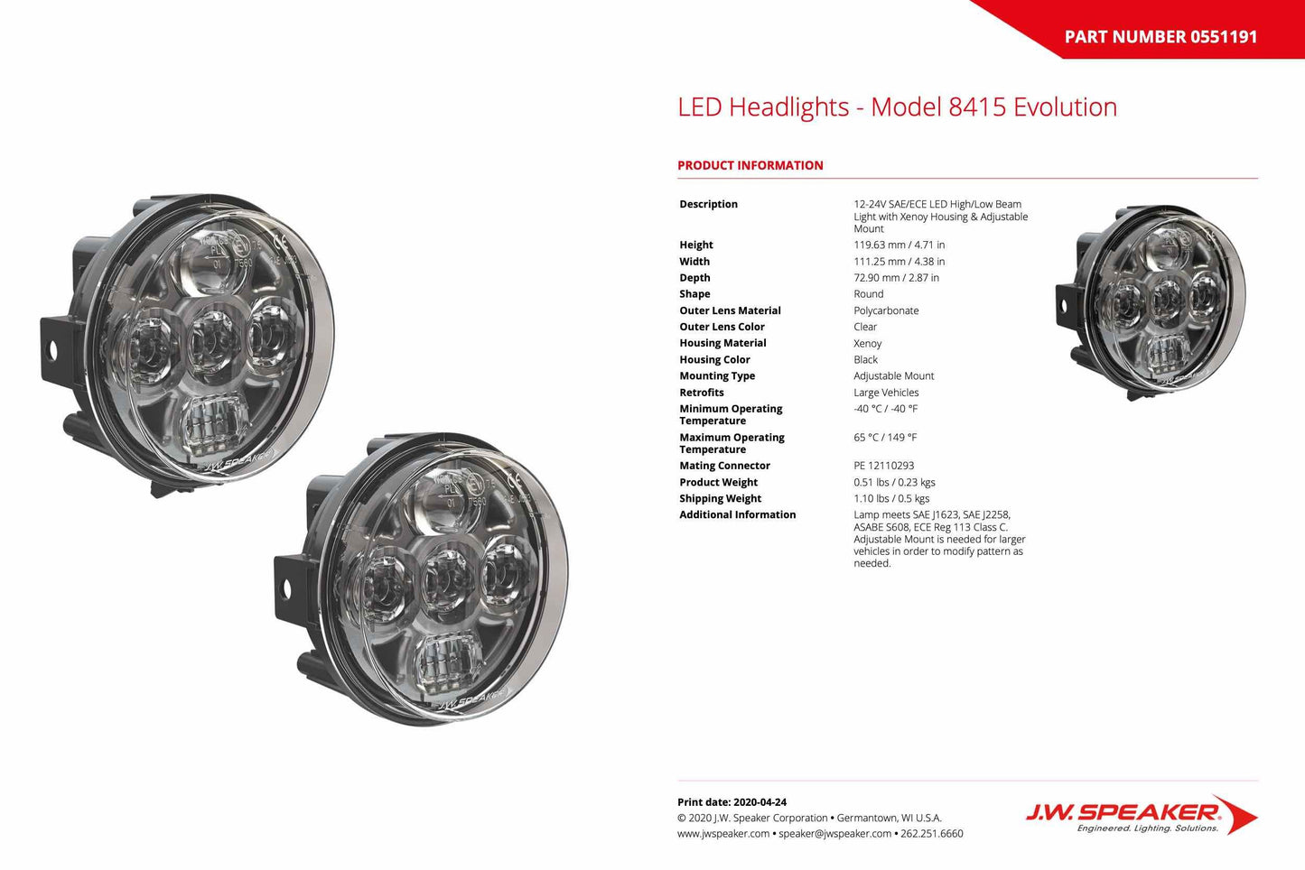 JW Speaker: 8415-EV 12/24V Highbeam/Lowbeam Rigid Mount