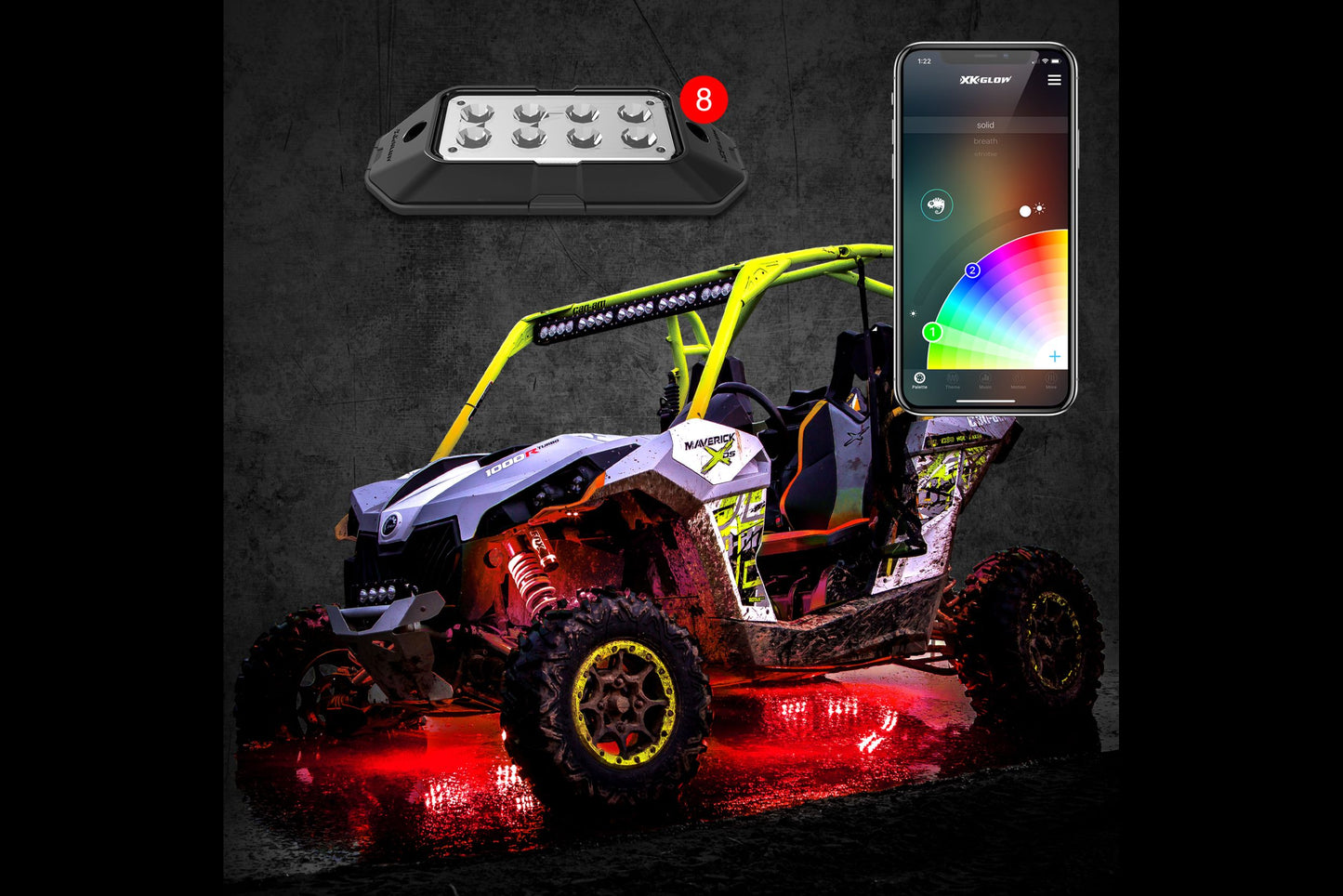 XKChrome RGB LED Rock Light Kit: 4pc w/ Dash Mount Controller