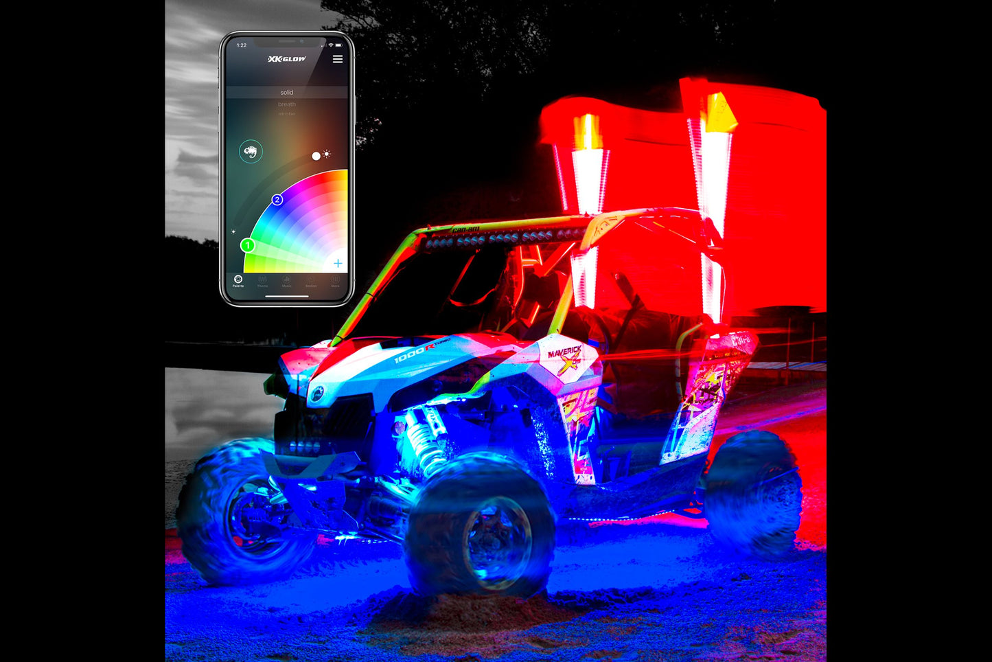 XKChrome RGB LED Whip Lights: 48in / Pair w/ Dash Mount Controller