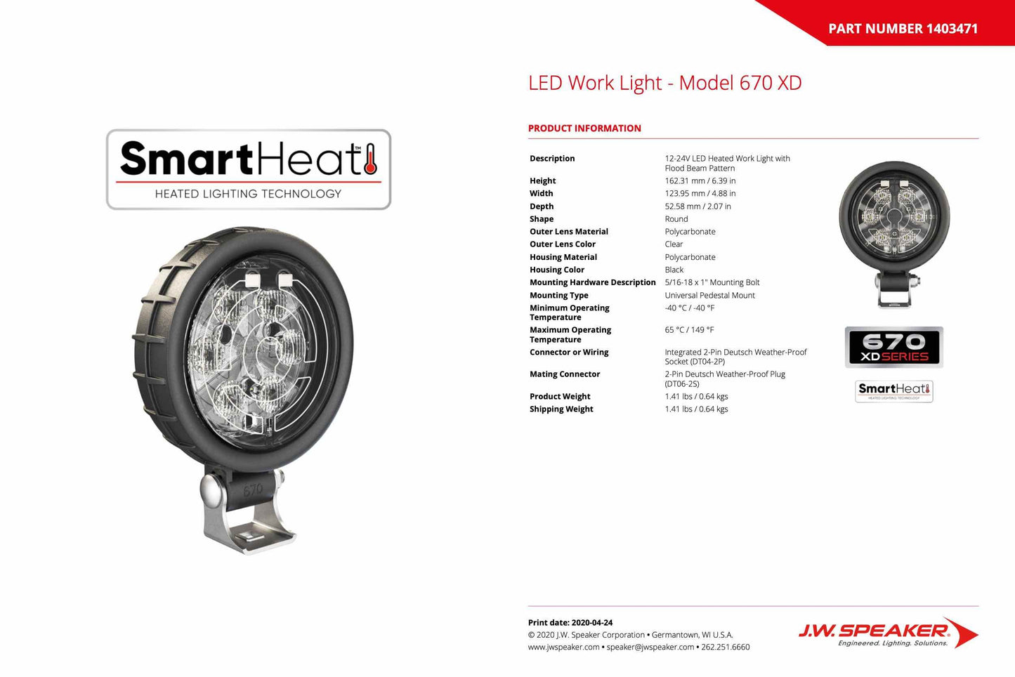 JW Speaker: 670F-12/24V XD LED Worklamp - Flood Beam