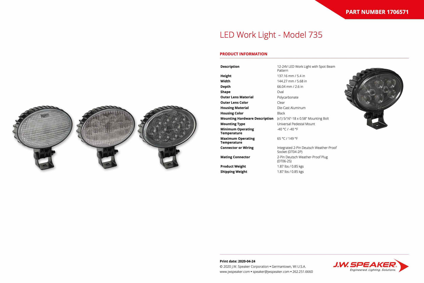 JW Speaker: 735S-12/32V Lamp (BLACK) Spot Beam w/Harness