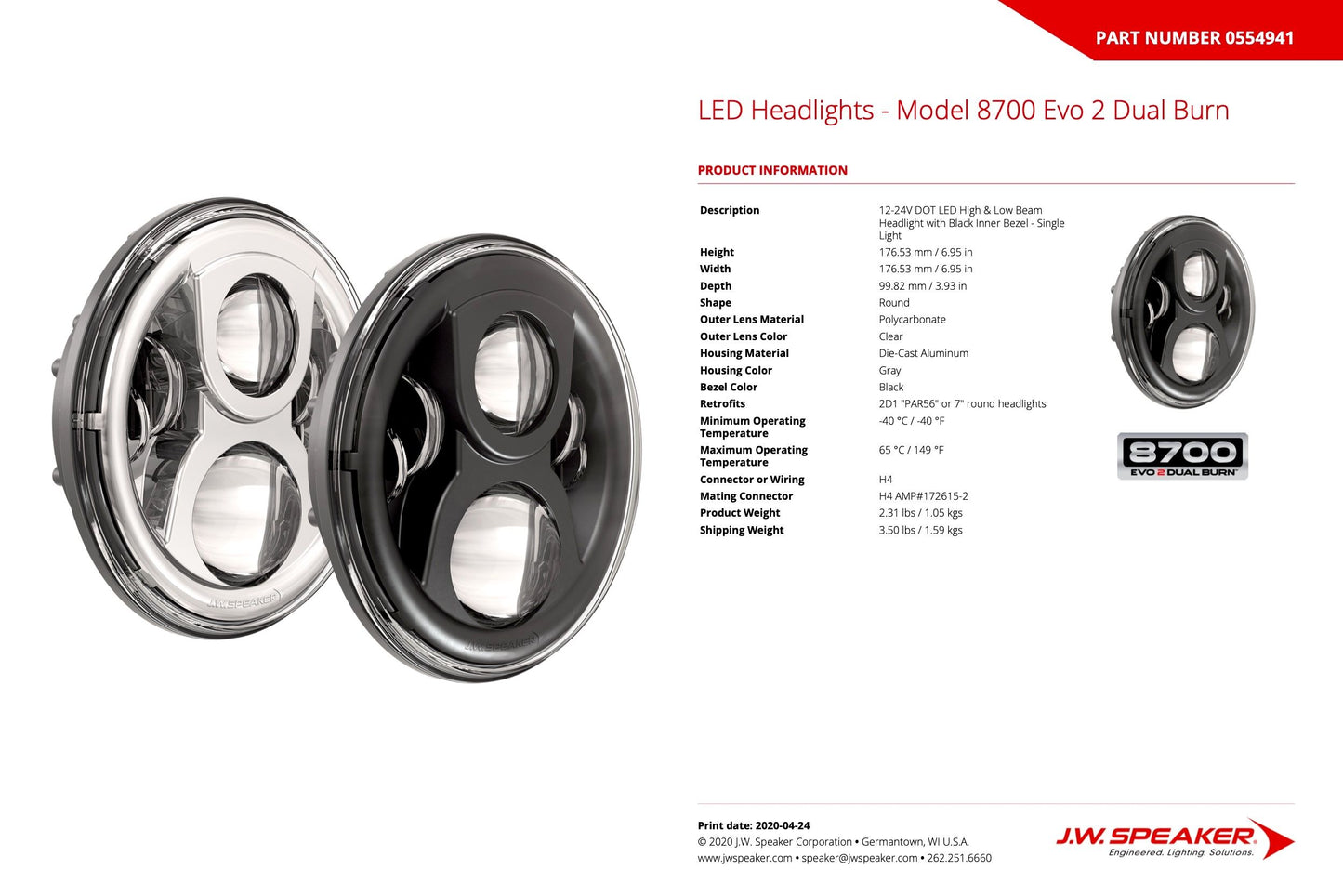 JW Speaker: 8700-EVO2-DB 12/24V DOT Headlamp (Chrome)
