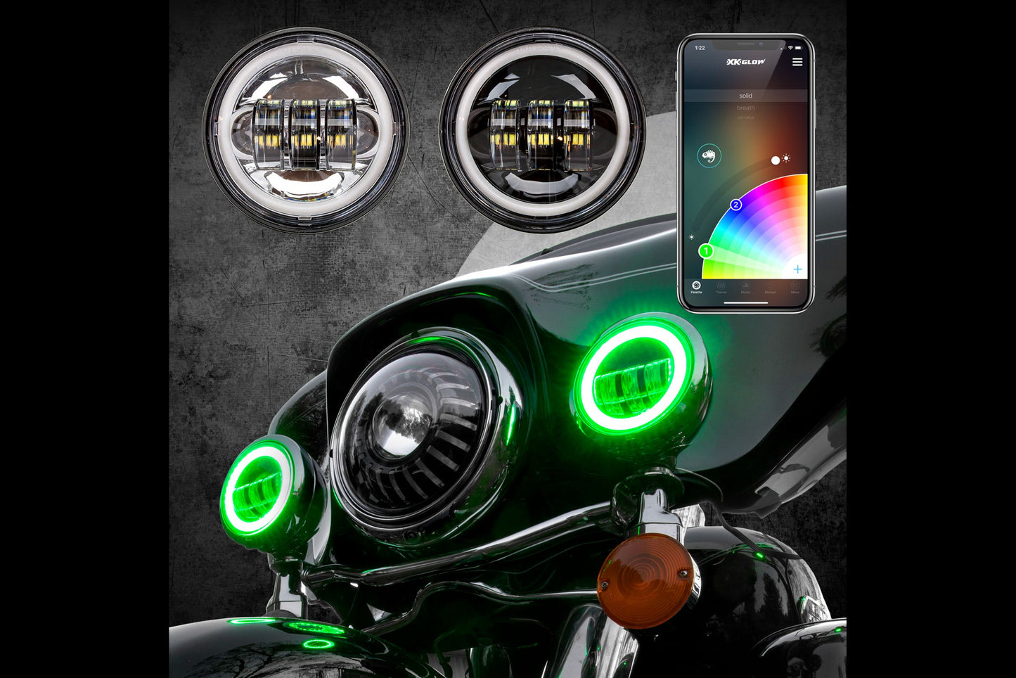 XKChrome RGB LED Running Light Kit: Harley 4.5in (Black w/ Controller)
