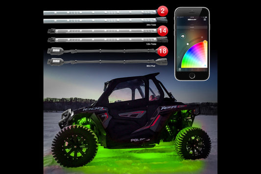Kit de luces LED RGB para UTV con acento XKChrome: 18 módulos, 2 tiras de 24 pulgadas y 14 tiras de 12 pulgadas