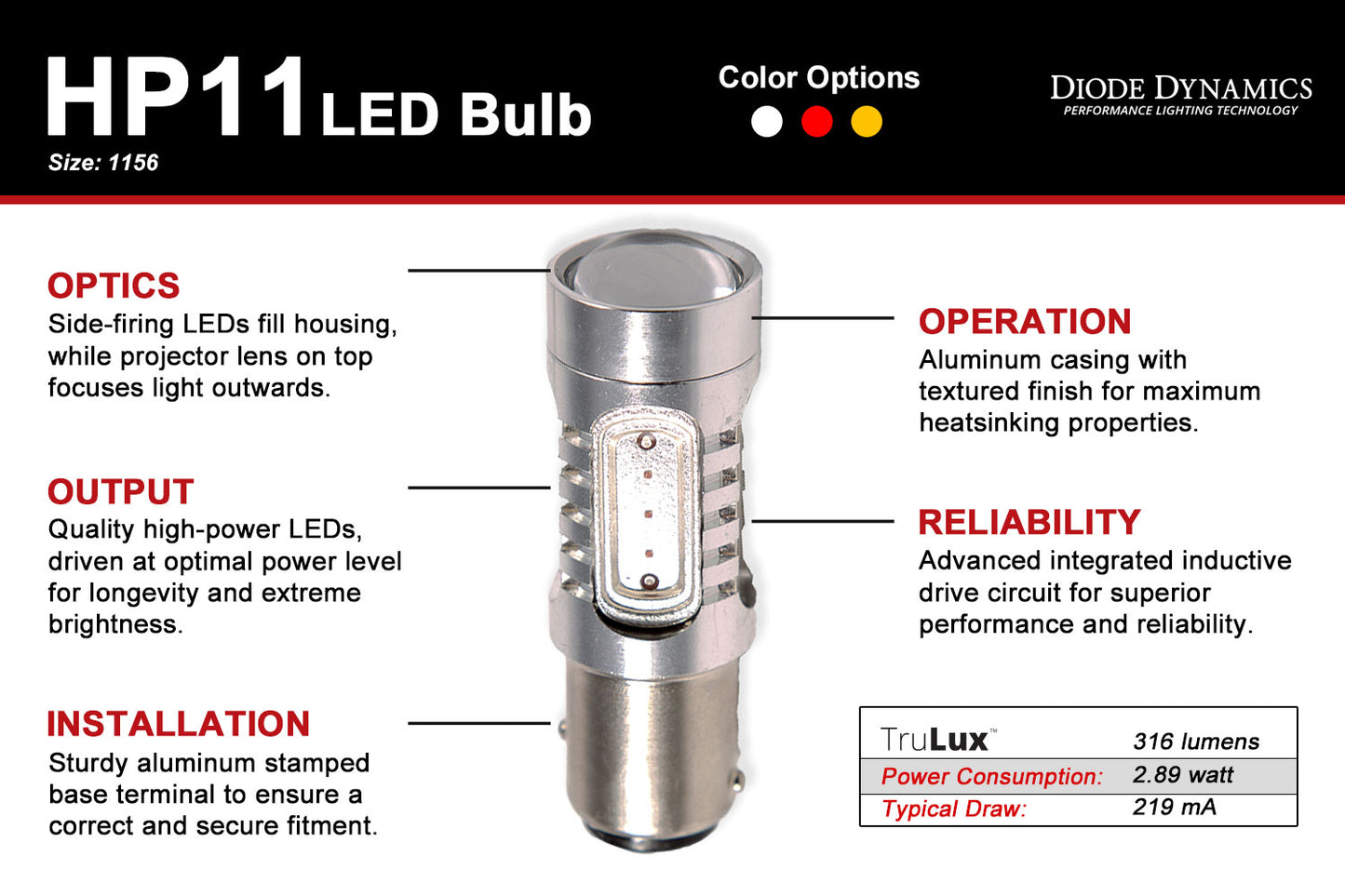 1156 LED Bulb HP11 LED Red Single Diode Dynamics