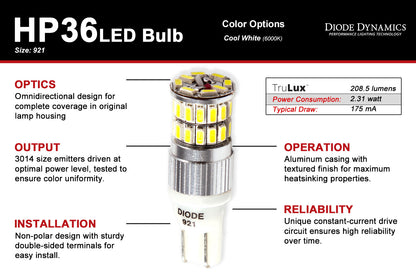 921 LED Bulb HP36 LED Cool White Pair Diode Dynamics