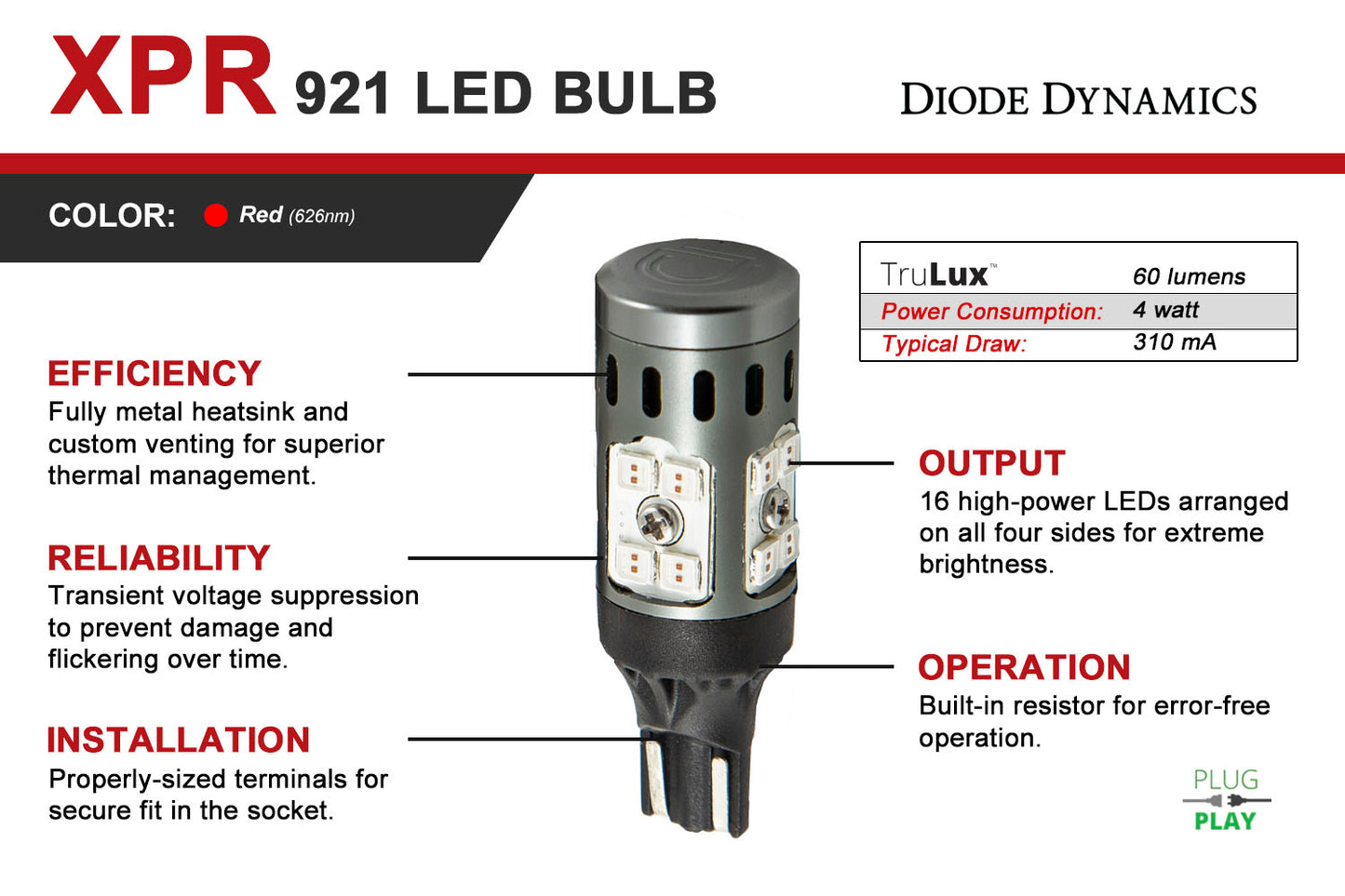 921 XPR LED Bulb Red Pair Diode Dynamics