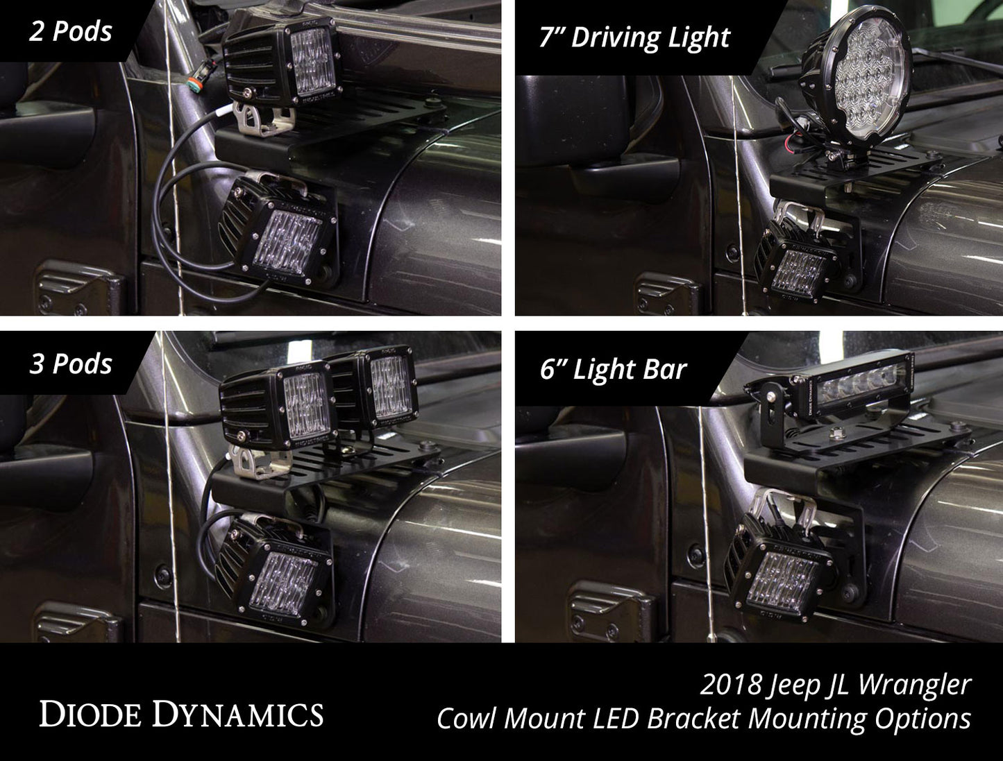 LED-Halterungssatz für die Motorhaubenmontage für Jeep JL Wrangler/Gladiator 2018–2021